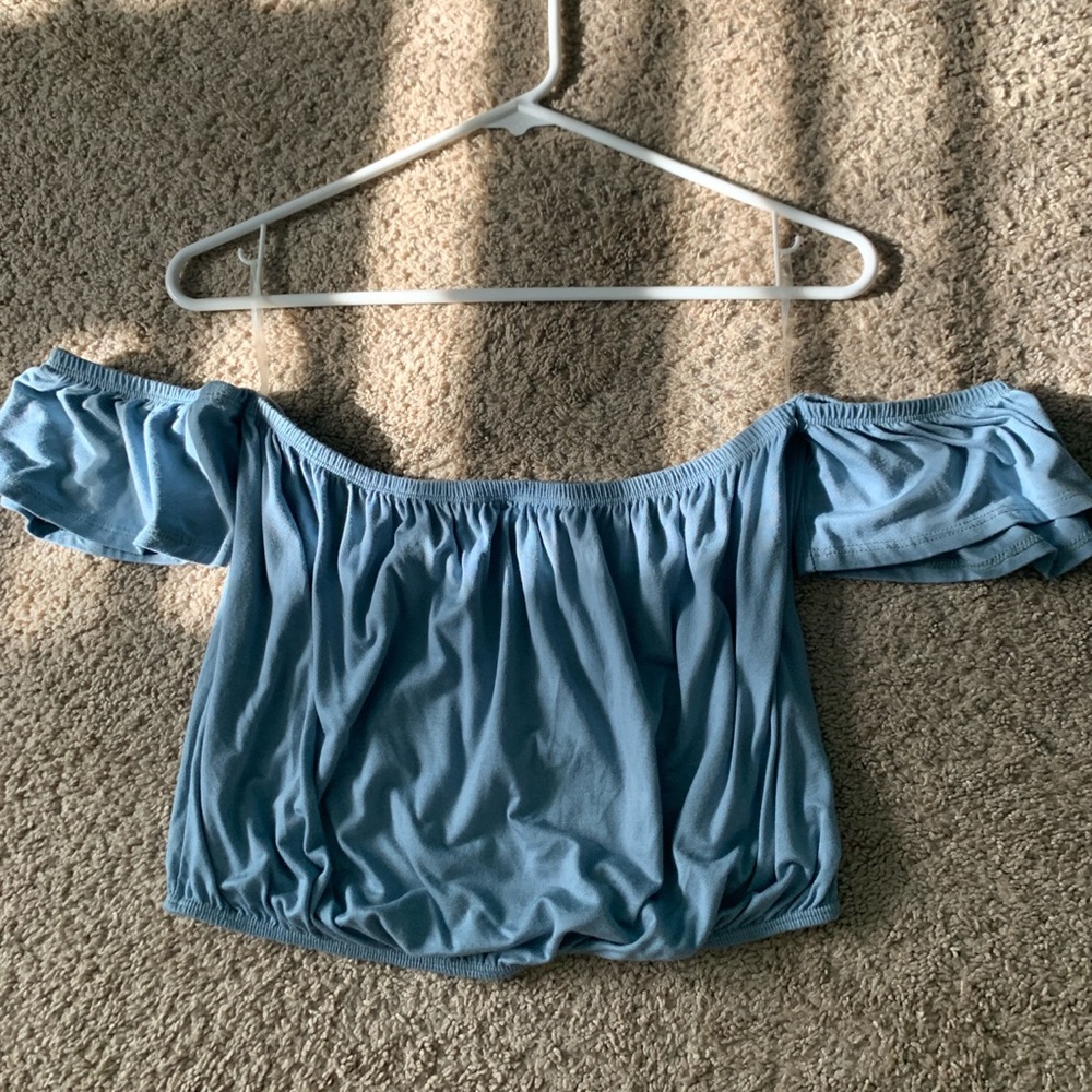 soft blue off the shoulder crop top blouse